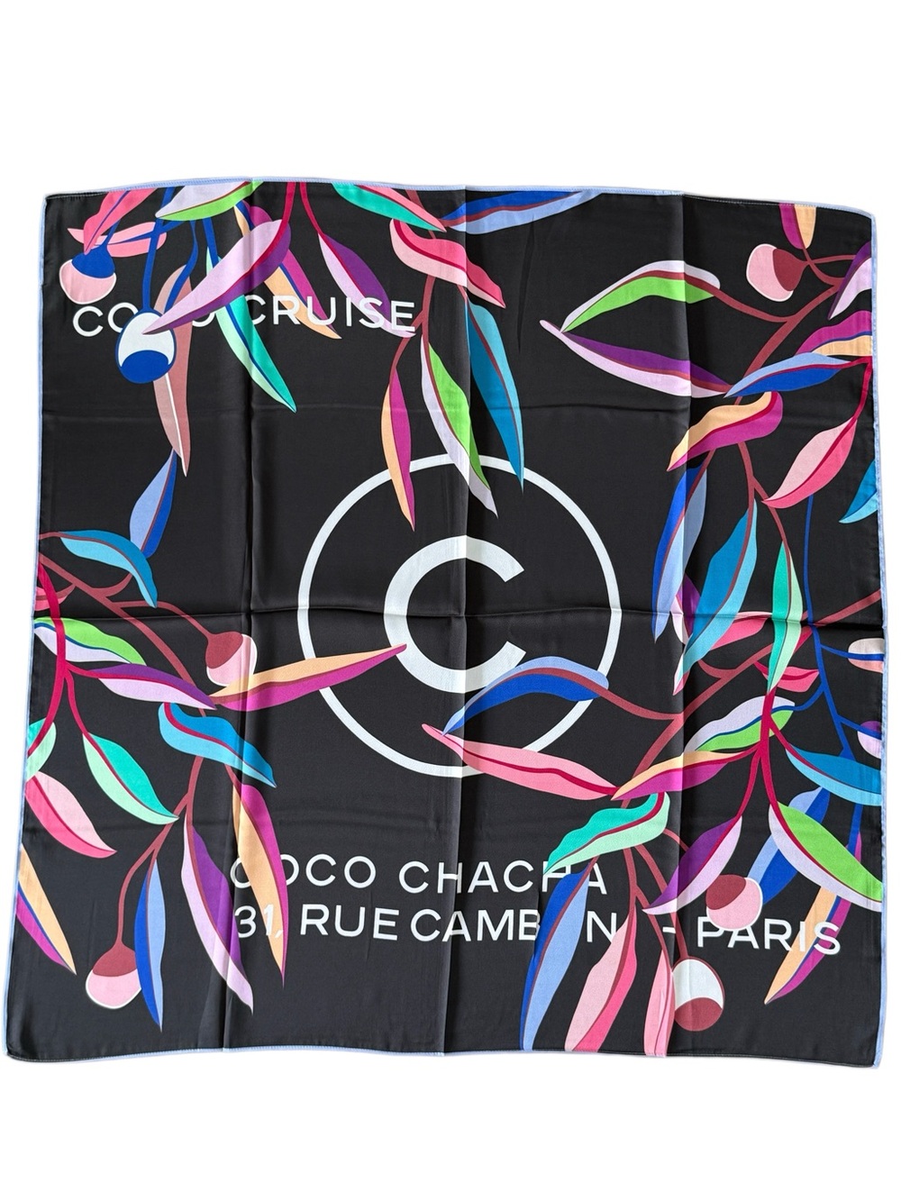 90cm Silk Black Floral Logo Scarf